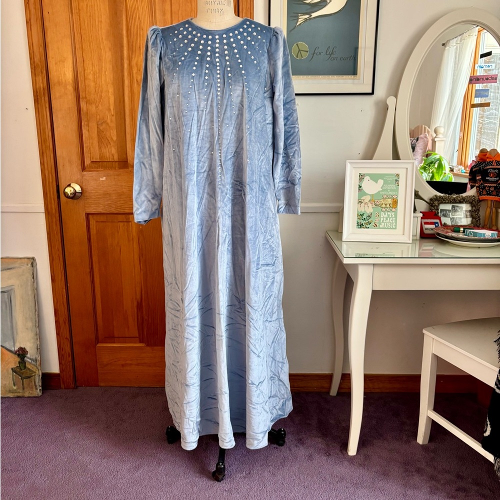 Vintage ice-blue velvet rhinestone loungewear gown- LUCIE ANN of Beverly Hills!